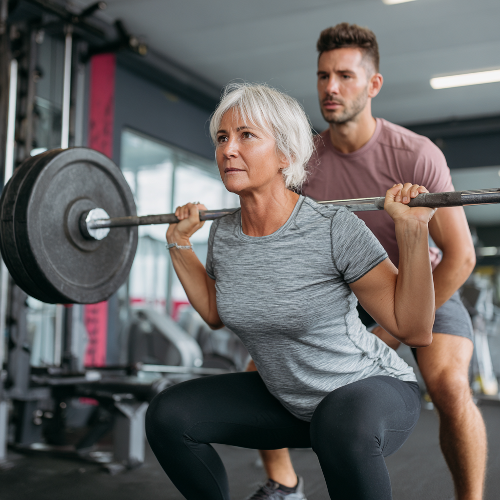 Жінка віком 55 років виконує присідання з штангою під наглядом тренера у фітнес-залі