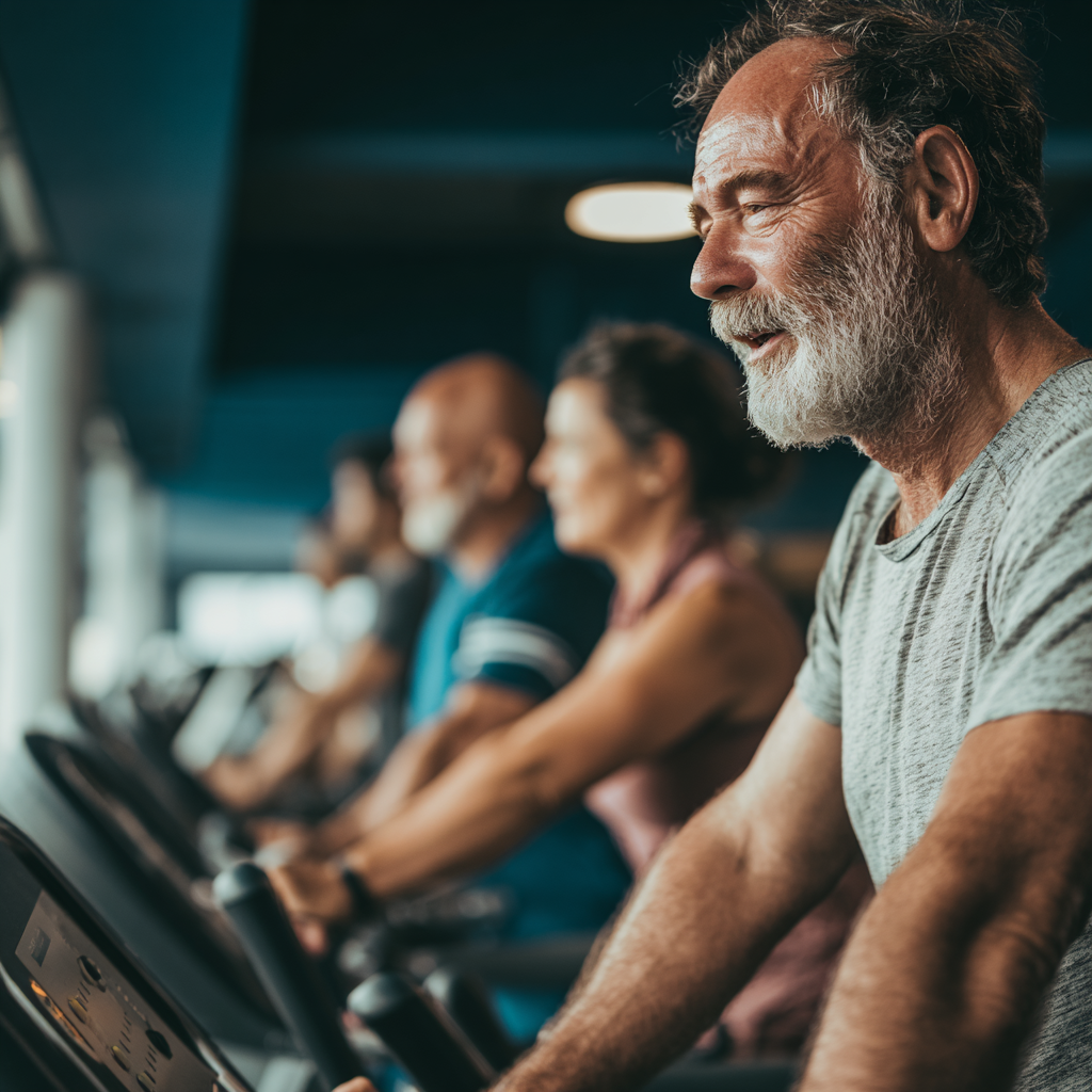 Група людей у віці 50-60 років виконує кардіо-тренування на біговій доріжці та велотренажерах