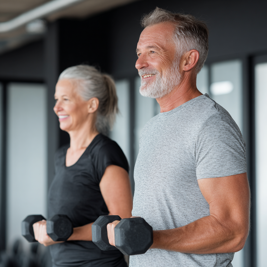 Чоловік та жінка у віці 50-55 років виконують силові вправи з гантелями у сучасному фітнес-залі