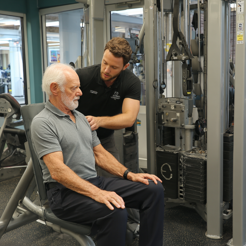 Тренер демонструє правильну техніку виконання вправ чоловікові у віці 60 років в індивідуальному тренажерному залі